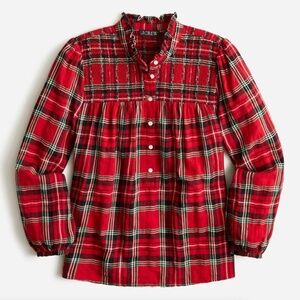 J. Crew Red Plaid Ruffle-neck Flannel Popover Top in Size S (EUC)